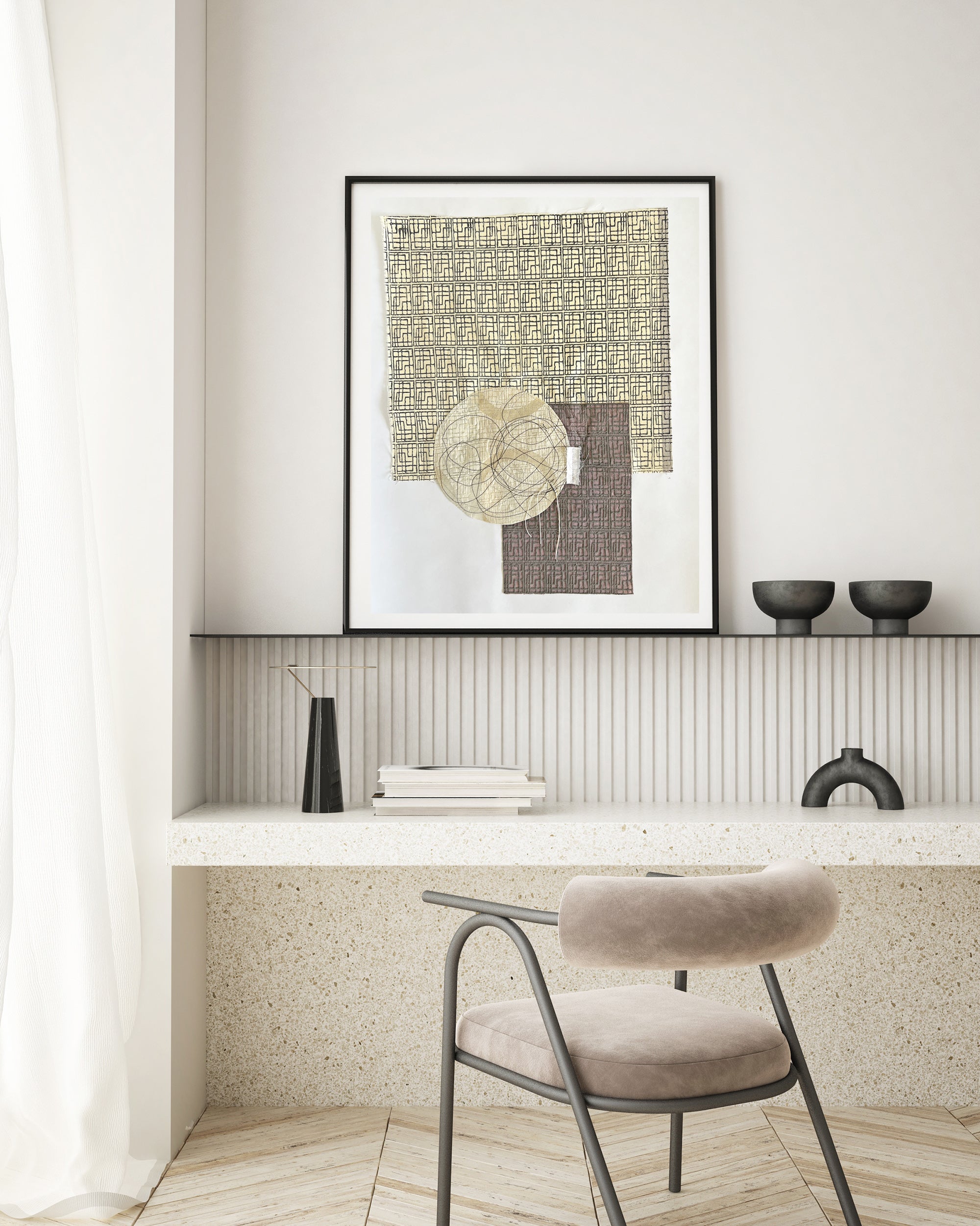 אמנות קולאז' עגול מופשט בשחור-לבן