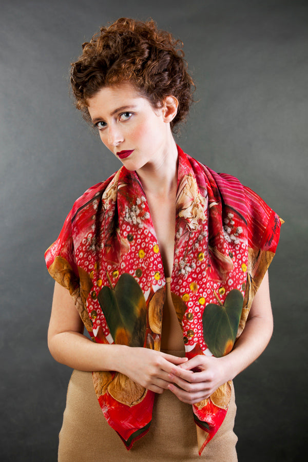 Poetic floral red scarf, Art Nouveau style scarf