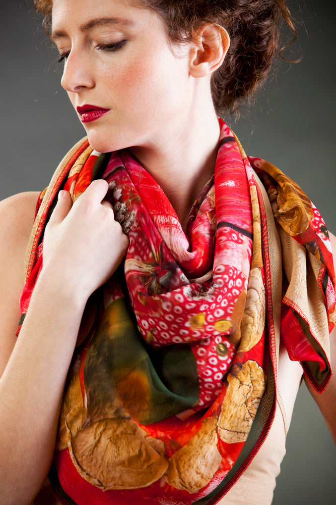 Poetic floral red scarf, Art Nouveau style scarf