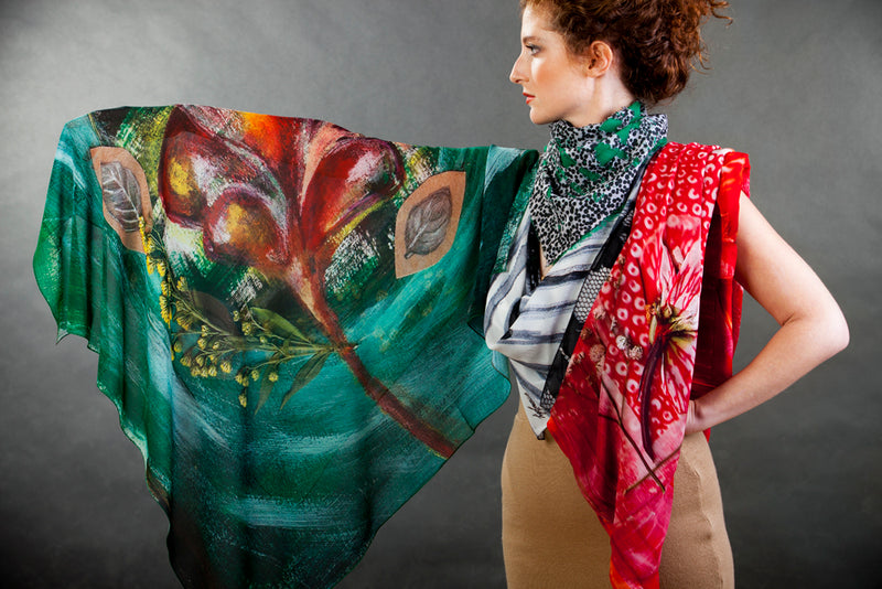 Green floral wearable art scarf