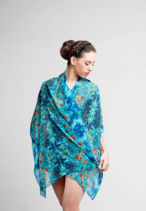 Vibrant shawl, Art nouveau style turquoise shawl
